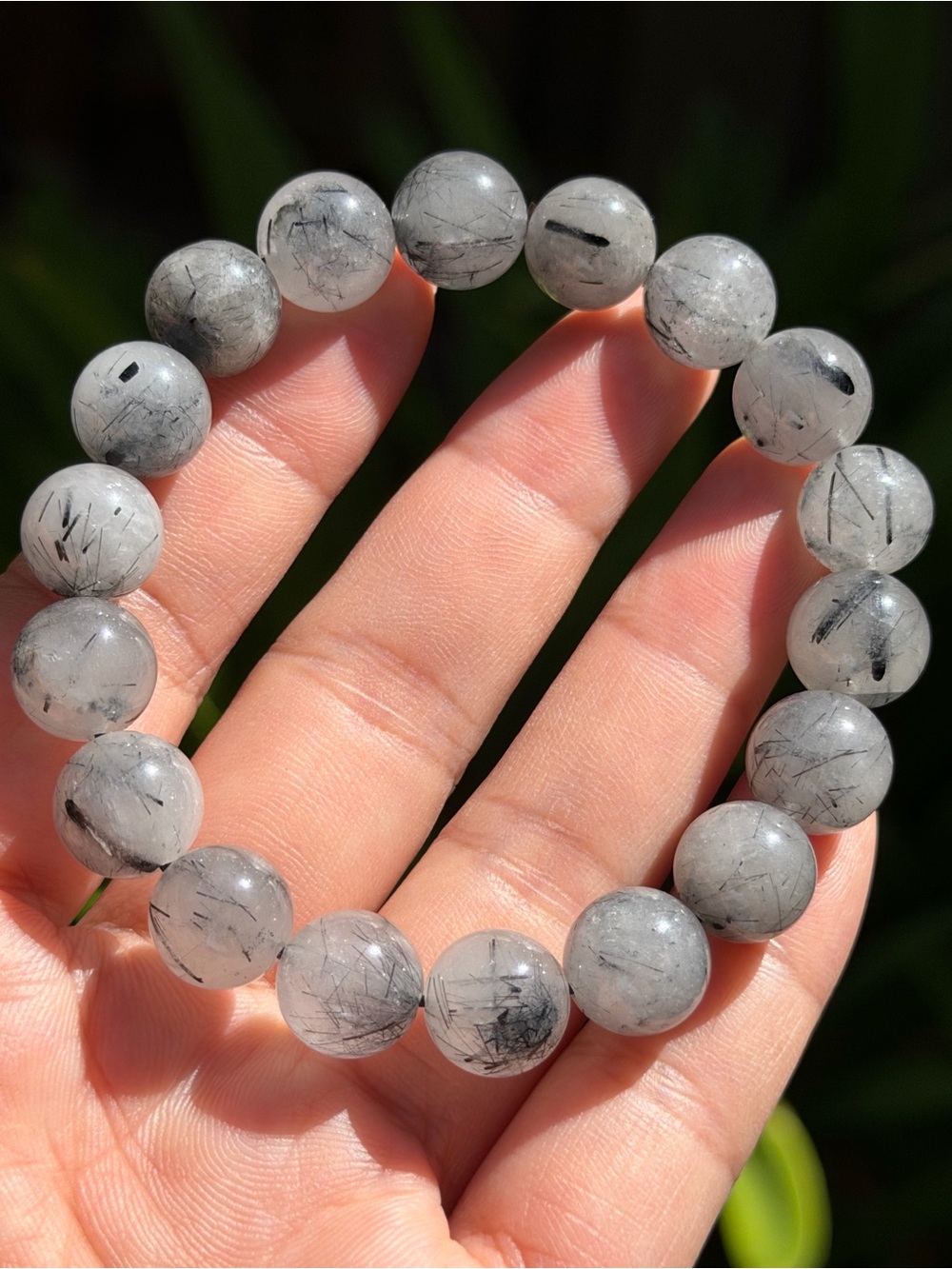 Tourmalinated Quartz Beaded Stretch Bracelet - Gray